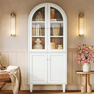 68 Tall Arched Bookcase White Farmhouse 5 Tier Display Bookshelf Storage Cabinet