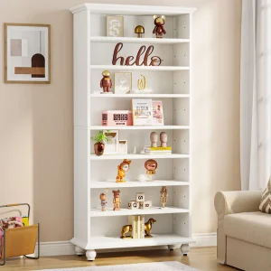 69″ 9-Tier LED Bookcase Freestanding Open Display Shelf with Solid Wood Legs Black for Living Room Office