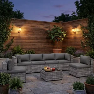7 Piece Outdoor Patio Bench Set Metal Frame PE Rattan Corner Furniture Group Modern All weather Wicker Seating Waterproof