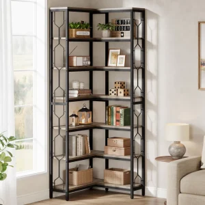 7 Tier Industrial Corner Bookshelf Wood & Metal Display Shelf for Living Room Kitchen Home Office Gray