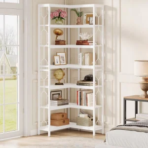 7-Tier Metal Corner Shelf 78.7″ Tall Bedroom Bookshelf with Storage Modern Industrial Display Bookcase