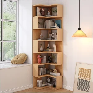 7 Tier Solid Wood Corner Bookshelf Freestanding L-Shaped Nook Display Shelf Space Saving Multi Cubby Storage Rack