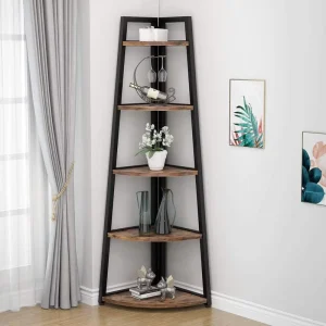 70″ 5 Tier Tall Corner Bookshelf and Plant Stand Indoor Wooden Bookcase Display Shelf Standing Unit for Living Room