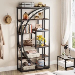 70.8″ 6 Tier Industrial Metal Bookcase Brown Display Shelves for Living Room Office