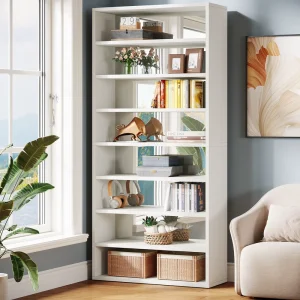 70.8 Inch Tall White Bookcase Wooden Library Bookshelf with Mirrored Back Panel Freestanding 9 Tier Shelf