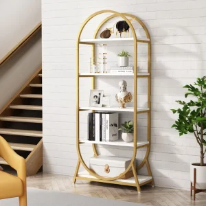 70.8″ Tall Arched Bookcase Freestanding Display Rack Shelving Unit for Office Modern White Storage Open Bookshelves