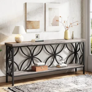 70.9″ Narrow Industrial Sofa Table Vintage Grey Entry Console Table with Storage for Living Room Foyer