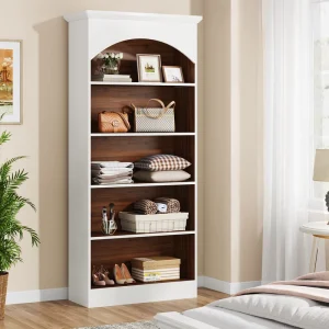 70.9” Tall Vintage Free Standing Library Book Shelving Unit 5 Shelf White Wooden Bookcase with Storage Shelves