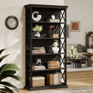 71″ 5 Tier Industrial Metal Bookshelf Freestanding Large Etagere Display Shelves for Living Room Bedroom Black