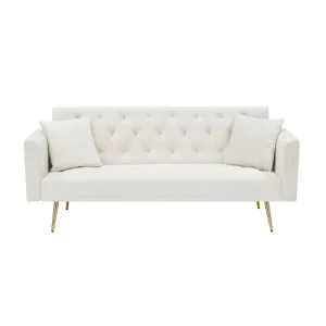 71″ Beige Velvet Convertible 2 Seater Loveseat Sofa Bed Retro Futon Couch for Small Bedroom Office