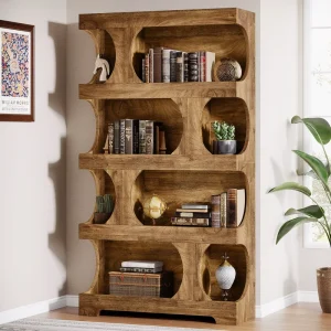 71″ Tall Bookcase Modern Asymmetrical Bookshelf 4 Tier Freestanding Display Shelf with Classic Shape Large Library Book Shelf