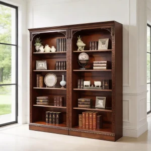 72in Wide 2 Pack Cherry 5 Tier Storage Shelf Freestanding Unit Traditional Solid Wood Open Bookcase for Home Office Living Room