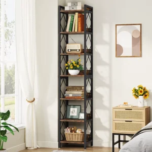 78.7 Inch Extra Tall Narrow Bookshelf 7 Tier Skinny Bookcase for Small Spaces Freestanding Display Shelves