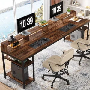 78.74″ Extra Long Double Desk for Two, Monitor Stand & Storage Shelves, Rustic Brown Home Office
