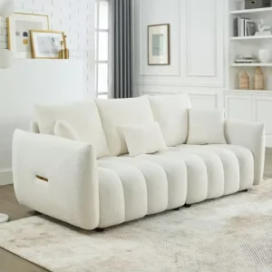 79.5″ White Teddy 3 Seater Sofa with Pillows Easy Assembly for Living Room Office