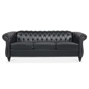 84.65″ Black PU Chesterfield 3 Seater Sofa with Rolled Arms Classic Tufted Leather Couch for Living Room Apartment Office
