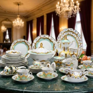 86pcs Royal Style Embossed Gold Porcelain Dinner Set Plate Bowl Dish Sets with Coffee Tea Cup for Wedding Party