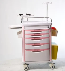 ABS Hospital Emergency Crash Cart 5 Drawers Mobile Medicine Trolley IV Pole Silent Casters Lockable Drawers White 40 lb