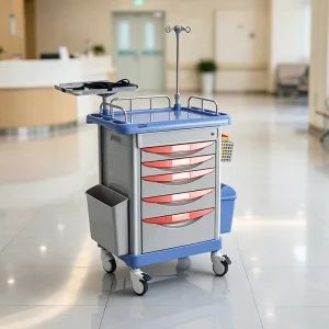 ABS Medical Emergency Trolley Hospital Crash Cart for ICU Clinic Emergency With Waste Bin Sharps Container IV Pole