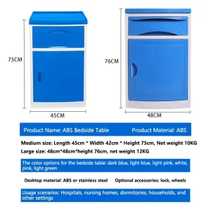 ABS Medical Hospital Bedside Cabinet with Waterproof Scratch Resistant Top 1 Smooth Glide Drawer & Adjustable Shelf