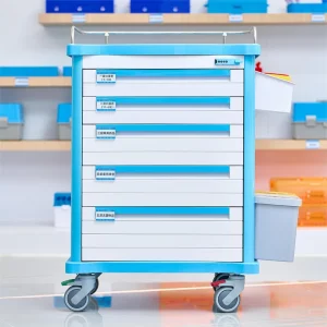 ABS White Blue Modern Simple Hospital Clinic Medication Trolley Cart 5 Drawers 4 Silent Swivel Wheels 400LB Load