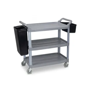AF08162A 3 Shelf Utility Cart with Buckets Commercial Plastic Service Trolley for Hotel Restaurant Kitchen & Laboratory