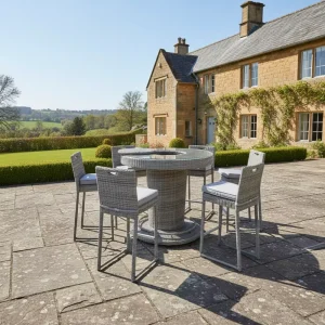AUDU Six Seat Circular Rattan Farmhouse Style Foldable Bar Stool and Table Set with Oxford Fabric Outdoor Furniture