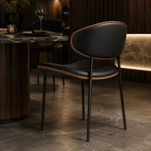 Accent Chair for Dining Room Black PU Leather Faux Wood Back Hotel Cafe Restaurant Chairs Supplier OEM ODM Bulk