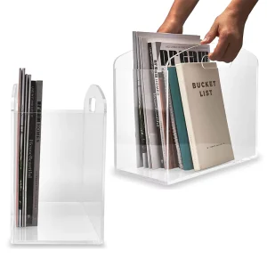 Acrylic Magazine Organizer Lucite Book Stand Newspaper Holder with Handles Modern Storage Basket for Home and Reading Spaces