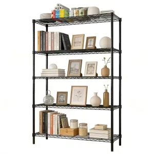 Adjustable Book Magazines Storage Rack 5 Tiers Black Epoxy Coated Metal Wire Shelving for Living Room Study Room