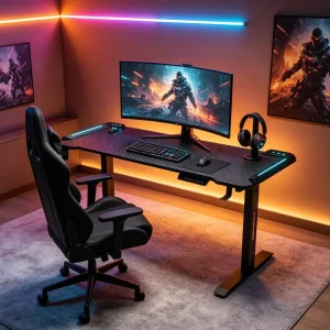 Adjustable Gaming Desk Height Adjustable LED Lighting Rectangular Motorized PC Table Standing Workstation