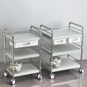 Adjustable Guardrail Height 201 Stainless Steel Pipes Three Tier Trolley ABS Panels and Drawers Medical Carts