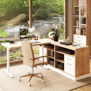 Adjustable Height Foldable Convertible Modern Executive Workstation Home Office Computer Desk Storage Wood Light Walnut Standing