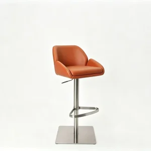 Adjustable Height Orange Leather Bar Stool With Armrest Stainless Steel Base Swivel Bar Chair for Kitchen Counter Cafe Bar