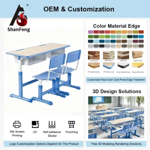 Adjustable Height School Desk and Chair Set 1200*400mm Fireproof Desktop PP Injection Seat Custom Colors