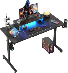 Adjustable Height Steel Gaming Desk with LED Monitor Stand Cup Holder and Headphone Hooks Computer Workstation for Gaming Room