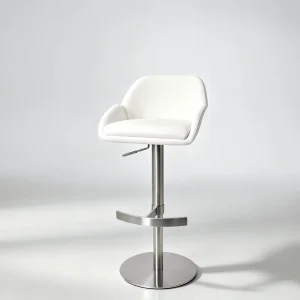 Adjustable Height Swivel Bar Stool White PU Leather Armrest Bar Chair Stainless Steel Base for Home Bar Kitchen