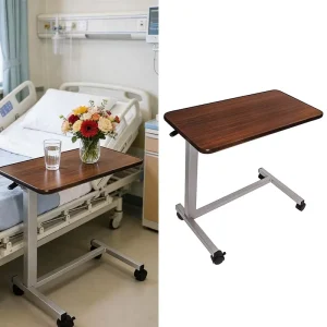 Adjustable Iron & Wooden Overbed Hospital Table with Wheels Modern Design for School and Bedroom Use