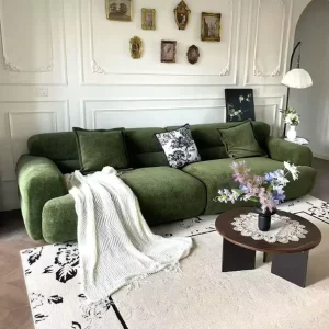 Adjustable Reclining French Modern Dark Green Chenille Sofa High Density Sponge Upholstery Pine Wood Frame for Villa Apartment