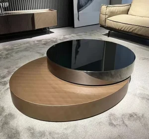 Adjustable Round Coffee Table Stainless Steel Double Layer Brass Rotating for Living Room