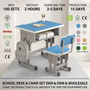 Adjustable School Desk Chair Set Single Seater Metal Frame MDF Table Classroom Furniture