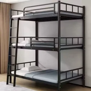 Adjustable Steel Metal 3 Person Triple Bunk Bed Frame Space Saving Design Modern Velvet Upholstery for Adult Apartments Hotels