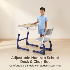 Adjustable Student Desk and Chair Set with Bag Hook and Sturdy Steel Frame School Furniture for Classroom Study