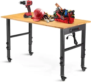 Adjustable Workbench With Power Outlet and Wheels Heavy Duty 2000 LBS Load Capacity Hardwood Workbench Suitable for Workshop