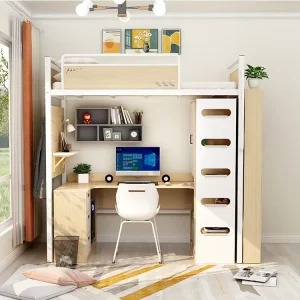 Adult Bunk Bed with Desk on Top and Integrated Bookcase for Dormitories College Students Modern Design School