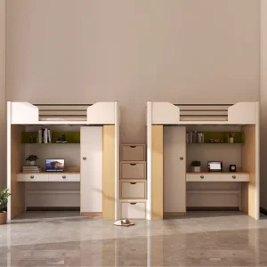 Adult College Student Metal One Piece Bed Desk Closet, Modern Design, Eco Friendly, Durable for Apartment, Dormitory, Hotel, Bedroom