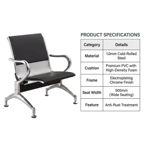 Airport Waiting Chair 1 Seater PVC Padded Seat Cold Rolled Steel Chrome Armrest Perforated Panel Clinic