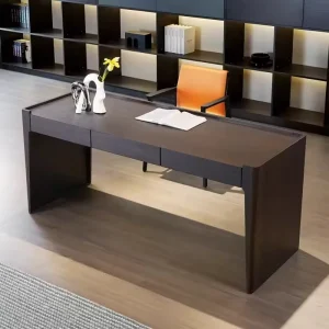 All In One Dark Veneer Executive Desk Concealed Pull Out Storage Drawers Integral Solid Wood Panel Minimalist Office Workstation