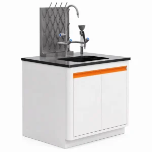 All Steel Floor Standing Chemistry Central Lab Workbench with Storage Worktable with Double Reagent Rack and Faucet