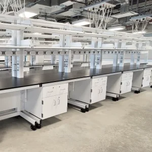 All Steel Island Bench with Double Layer Reagent Shelf Chemical Floor Mounted Lab Bench